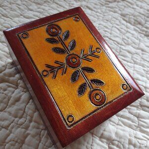 Vintage Made in Poland Wooden Trinket Jewelry Box with Floral Nature Engraving